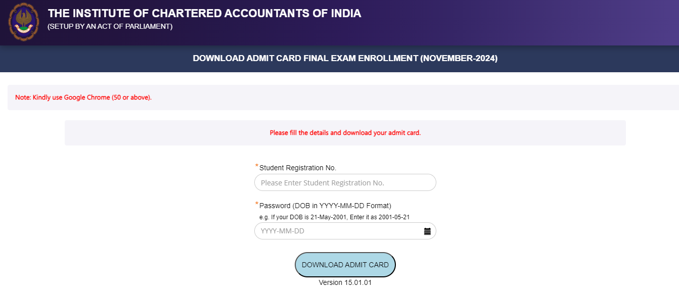 CA admit card login window