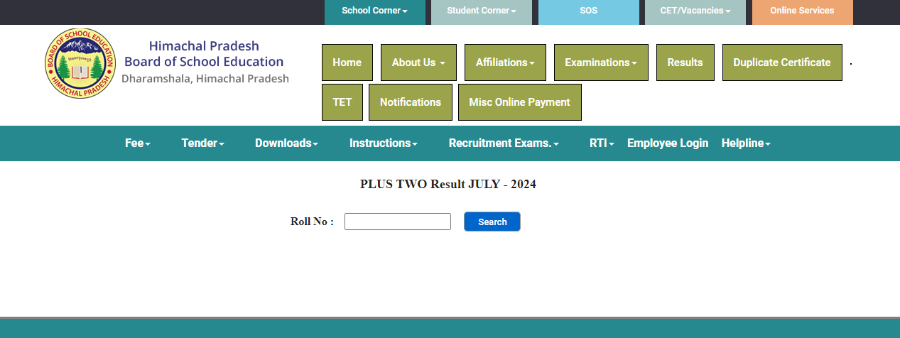 HPBOSE Plus Two July Result 2024 Login window