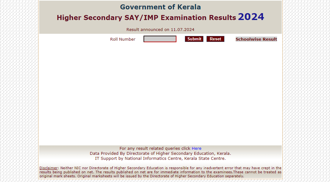 DHSE Kerala Plus Two SAY Result 2024 Login Window