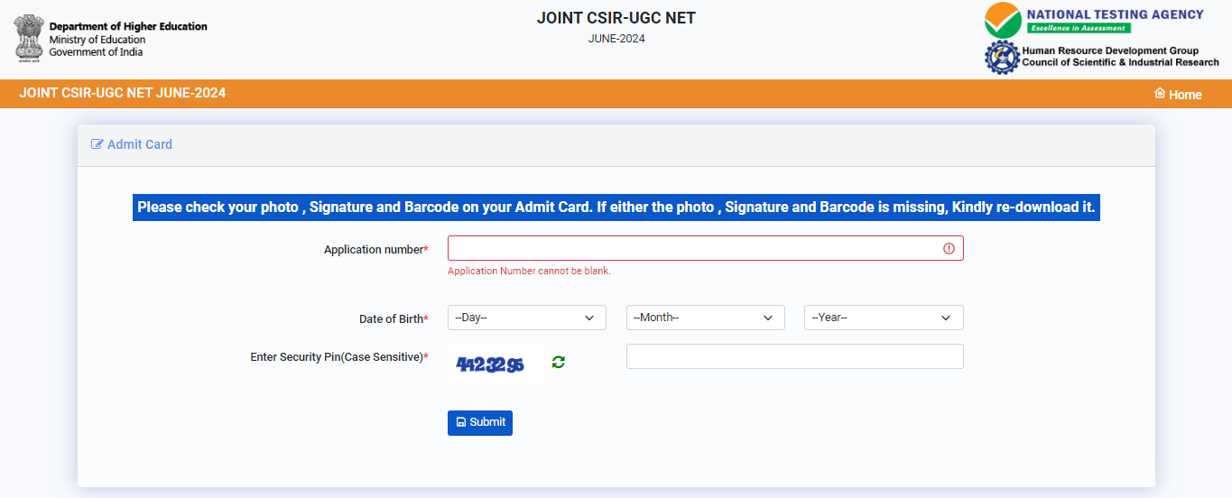 CSIR NET Admit Card Login Window 2024