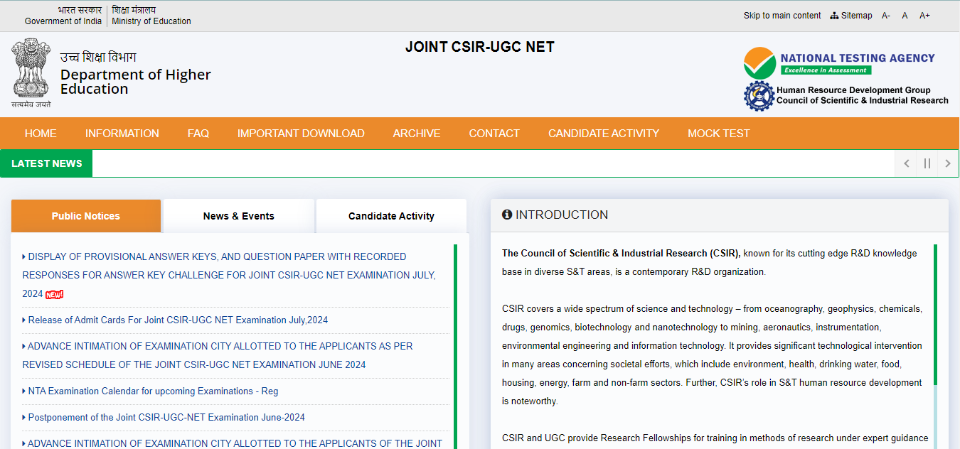 CSIR NET Official Website 2024 