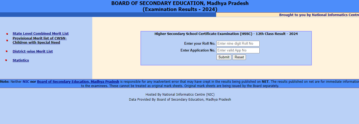 Madhya Pradesh Class 12th Result 2025 - Login Window