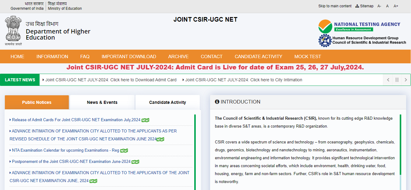 CSIR NET Official Website 2024
