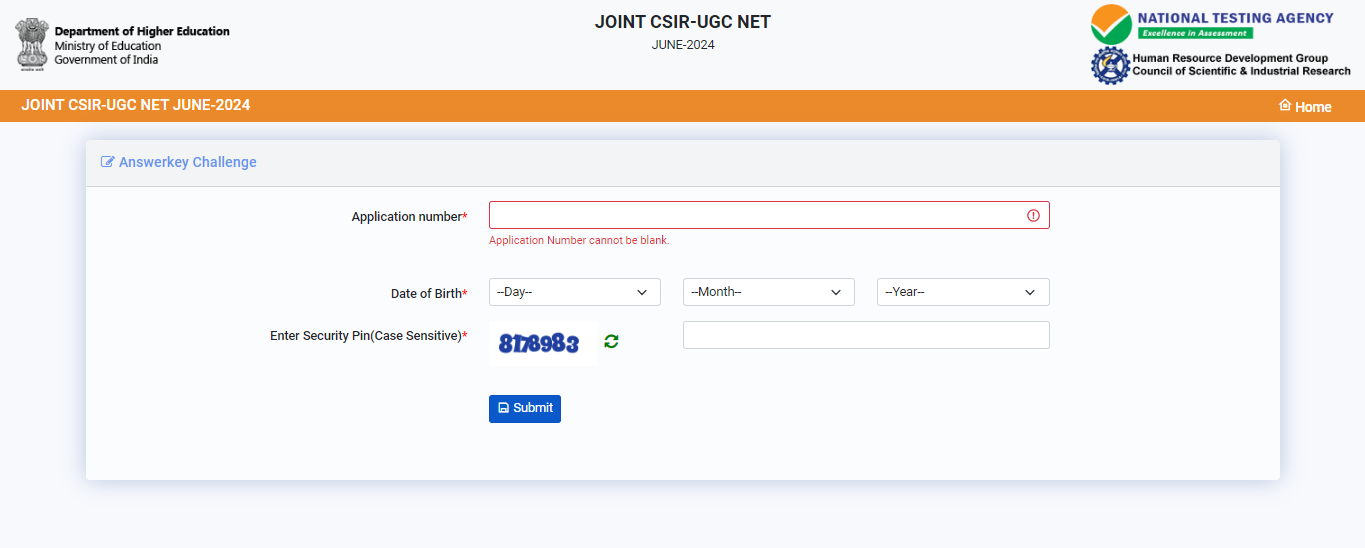 CSIR NET answer key login window 2024