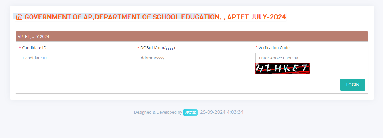 APTET result login window