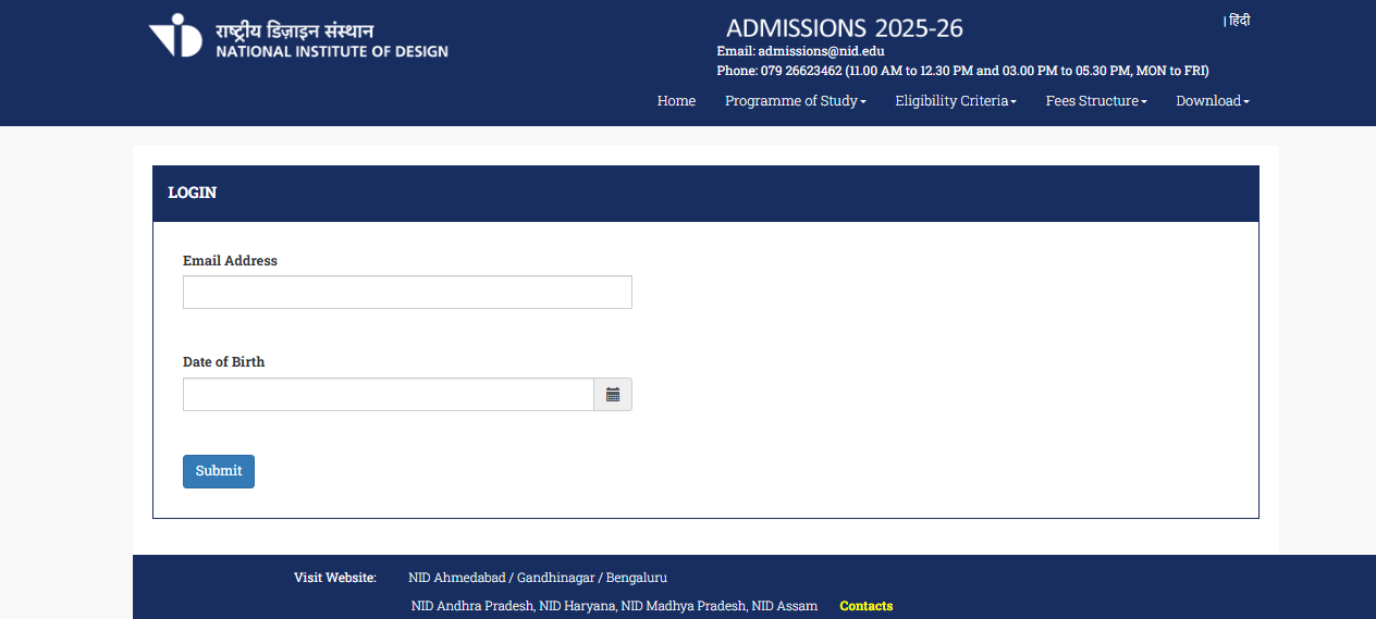 NID DAT Admit Card 2025 Login window