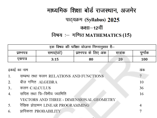 RBSE 12th Mathematics Syllabus 2025