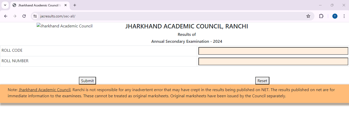 Jharkhand Board 10th Result 2024 Login Window