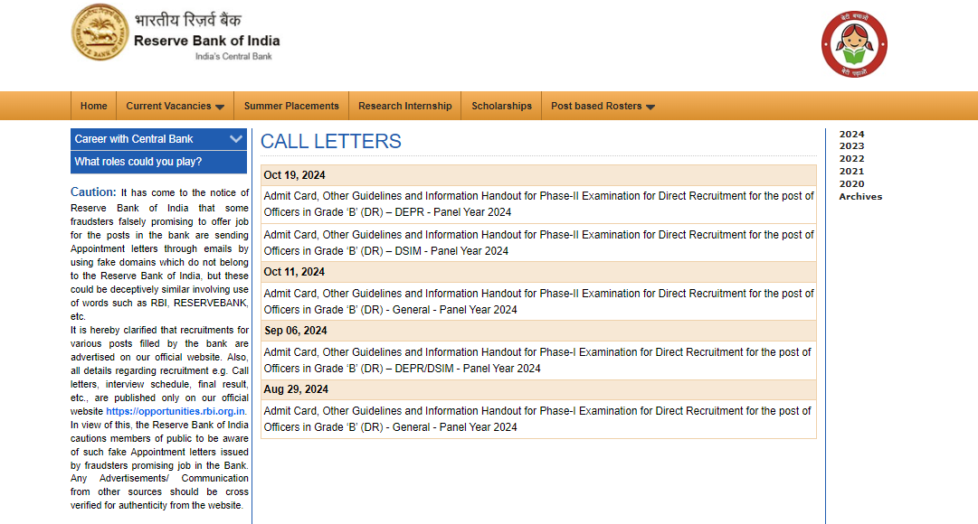 RBI Grade B Admit Card 2024