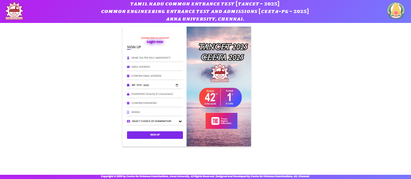 TANCET Application Form 2025 Login Window