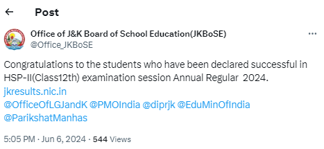 JKBOSE 12th Result 2024 Official Tweet