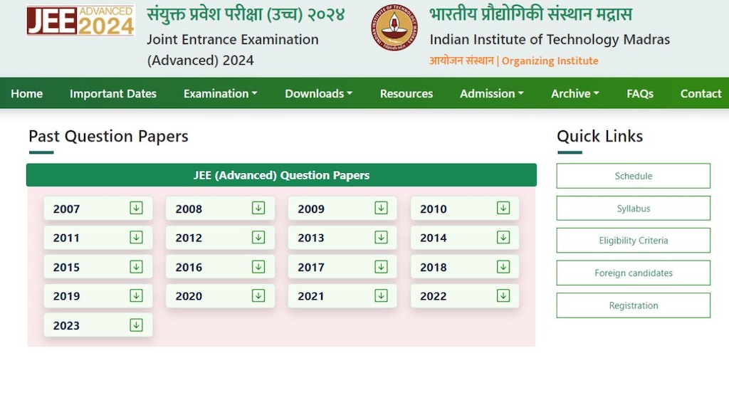 Candidates can access previous year question papers for JEE Advanced through the Archive section of the official website - jeeadv.ac.in/archive.html. The website also contains the detailed syllabus for the exam. (Photo: jeeadv.ac.in/archive.html)