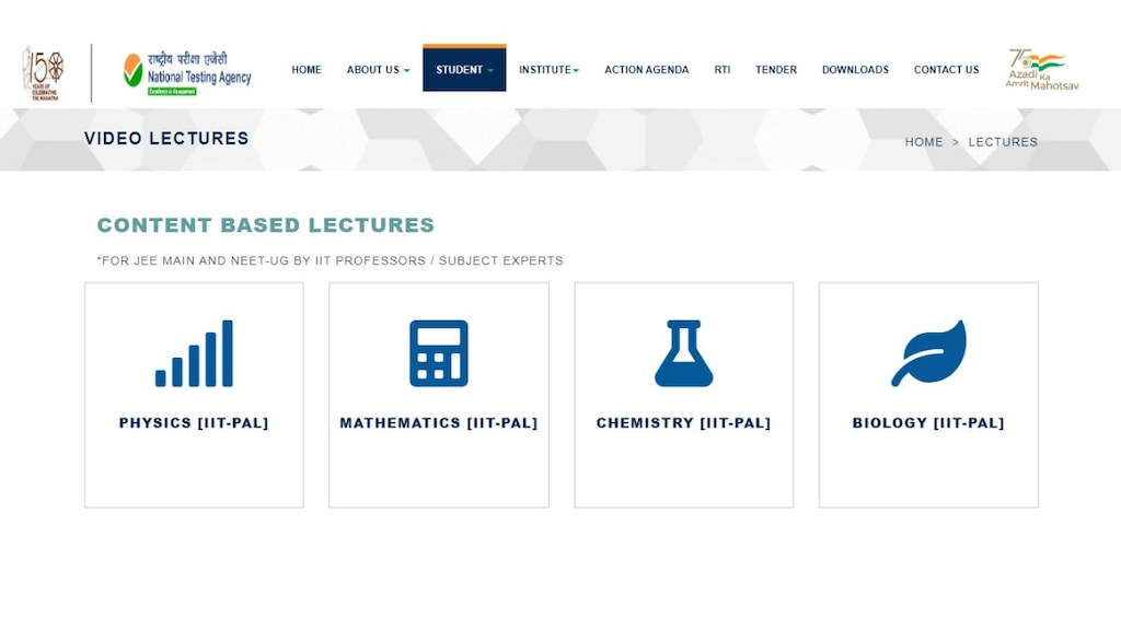 The National Testing Agency provides free resources to facilitate the preparation of students. The website - nta.ac.in/LecturesContent contains lecture series by reputed professors from IITs and other premier institutes. Candidates can access these lectures to clarify concepts in Physics, Chemistry, Maths and Biology. (Photo: nta.ac.in/LecturesContent)