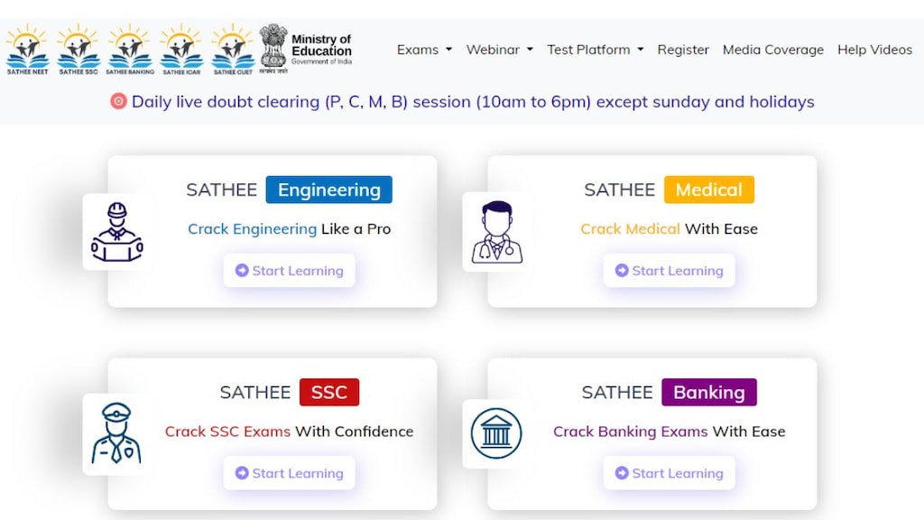 SATHEE, a website launched by NCERT for entrance test preparation, contains previous year questions, webinars, ‘solve with me’ sessions as well as doubt lessons. Candidates would be required to register to access all the resources on the website - sathee.prutor.ai. (Photo: sathee.prutor.ai)