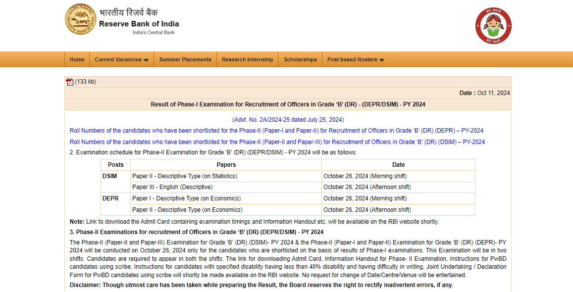 RBI Grade B Phase I Result 2024 For DEPR/DSIM Posts Released; Download ...