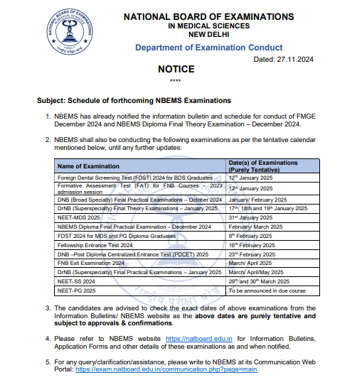 Nbems Exam Calendar 2025 